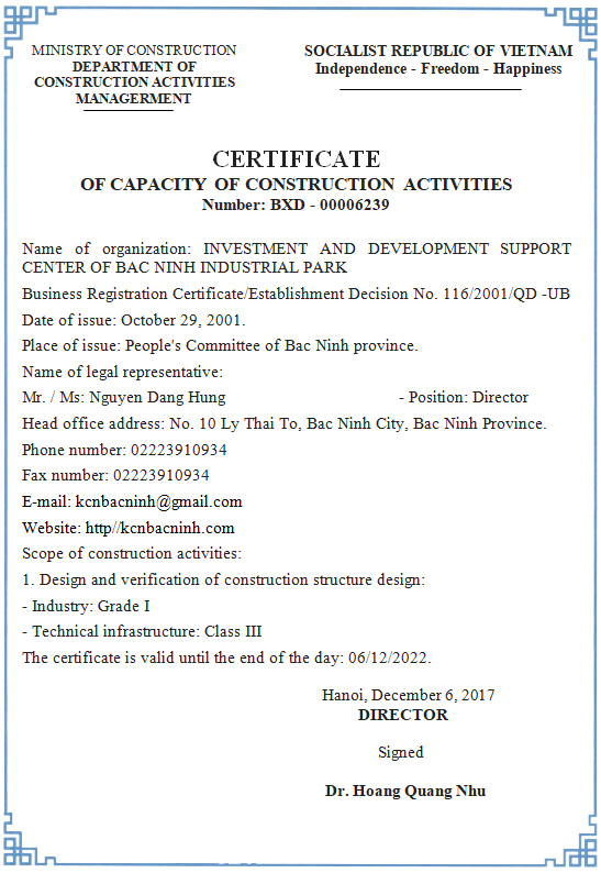 CERTIFICATE OF CAPACITY OF CONSTRUCTION