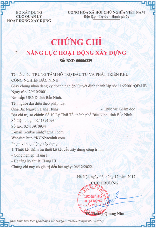 Chứng chỉ Năng lực hoạt động xây dựng của Trung tâm Hỗ trợ đầu tư và phát triển KCN Bắc Ninh